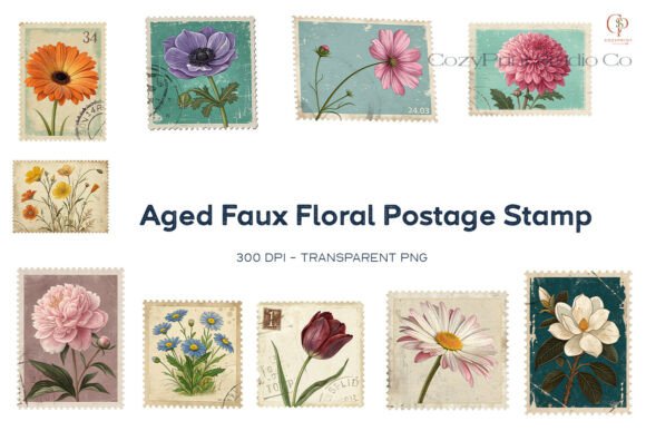 Aged Faux Floral Postage Stamp Sticker Guide