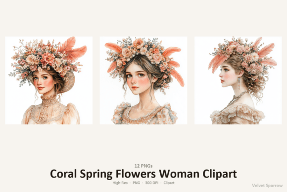 Evaluating Coral Spring Flowers Woman Clipart for Digital and Print Projects