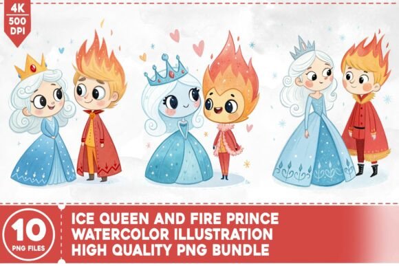 Ice Queen and Fire Prince Watercolor: A Versatile Digital Art Resource for Creative Projects