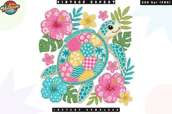 Tropical Sea Turtle Floral Patchwork PNG: Integrating Coastal Design Assets into Creative Workflows