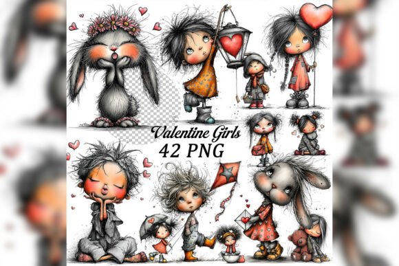 Whimsical Valentine Girls Clipart Set: A Sweet Touch for Modern Creative Projects